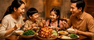 Gia đình quây quần thưởng thức gà nướng, vịt quay thương hiệu Ngọc Lan Food